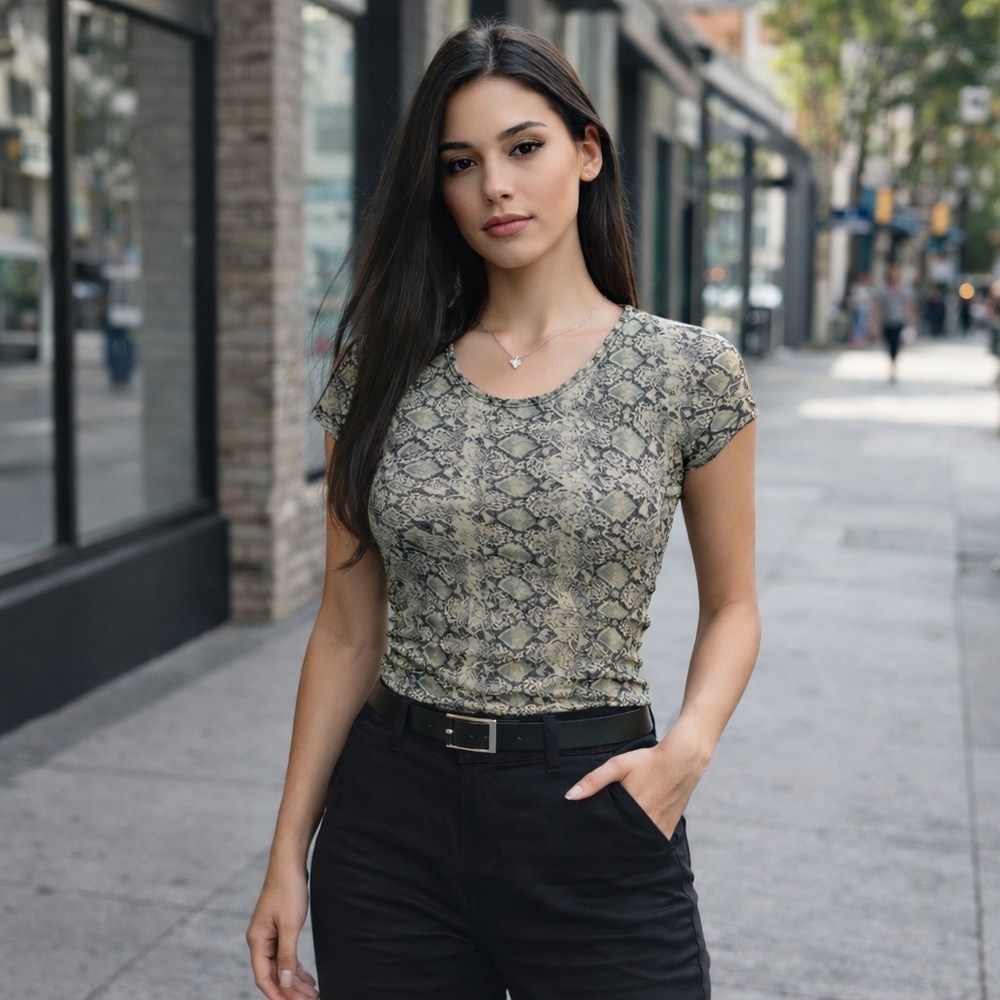 Y2K Vintage Snakeskin Print Stretchy Short Sleeve Blouse Top Retro Grunge